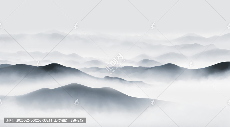 水墨意境層疊山巒云霧圖