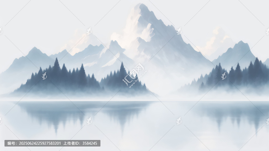 霧中山林湖泊靜謐風光