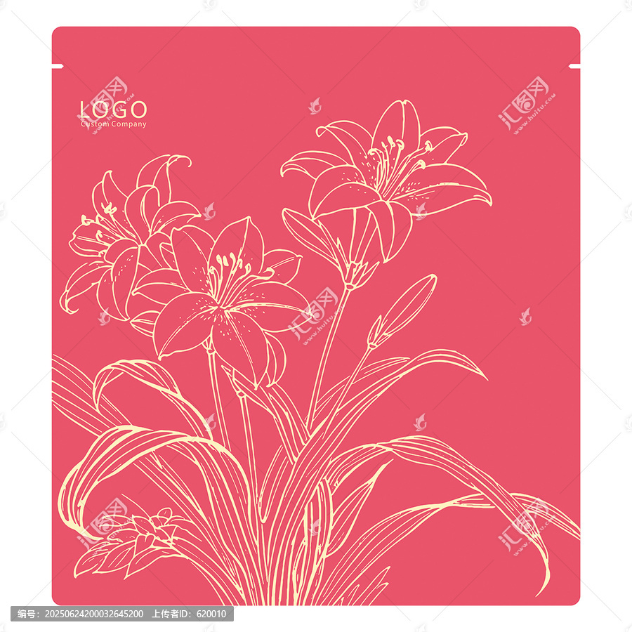 百合花手繪圖密封袋花紋線稿矢量圖包裝袋
