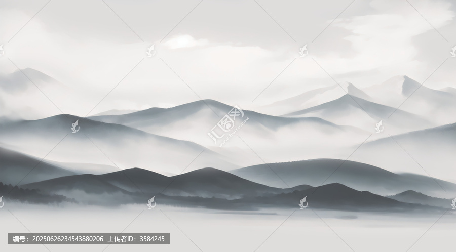 水墨意境山巒云霧景觀