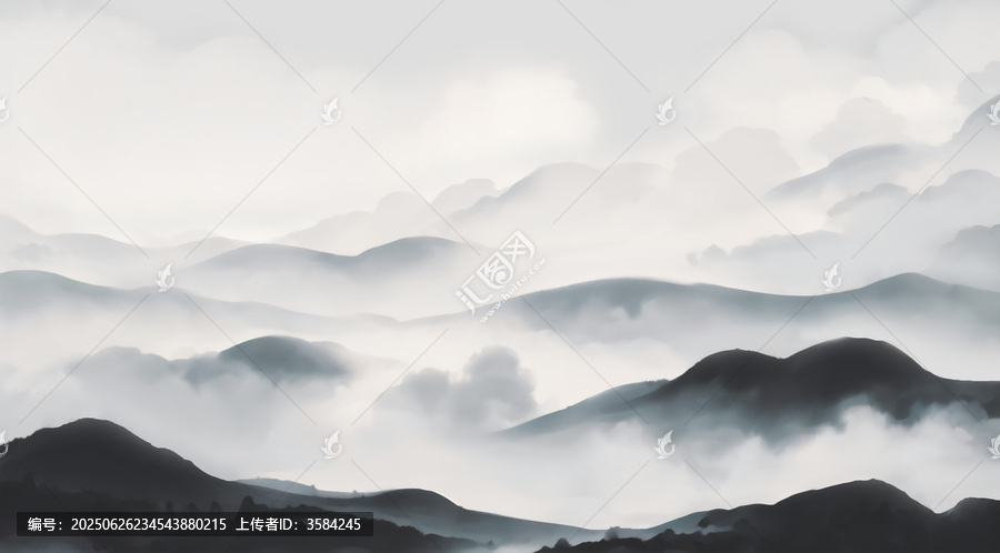 水墨意境云霧繚繞山巒圖