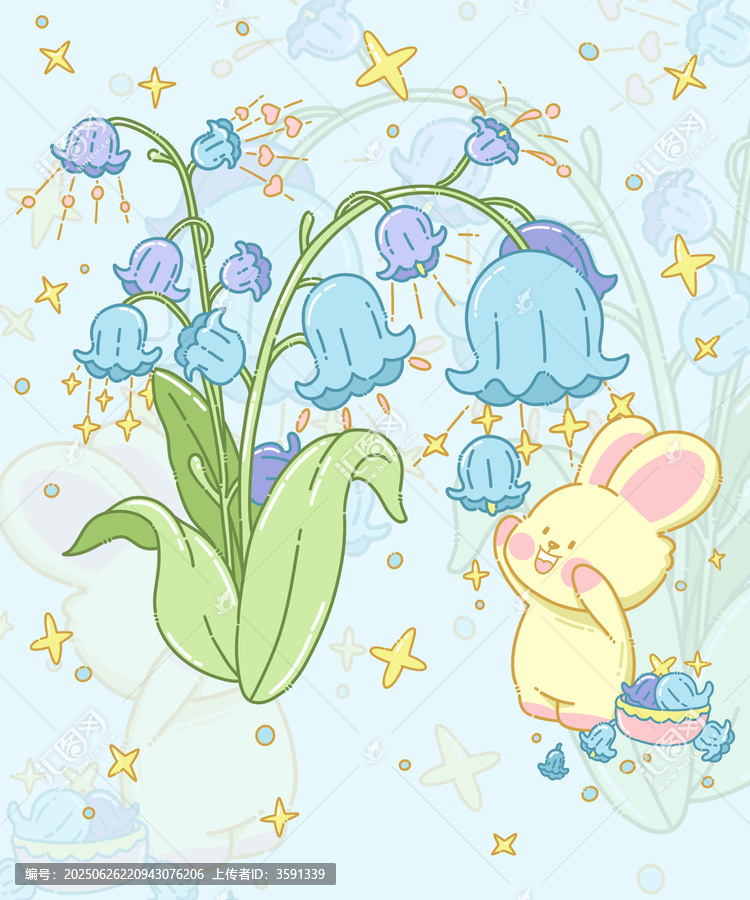 可愛小兔與風鈴花插畫