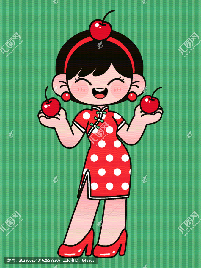 穿旗袍持櫻桃的俏皮女孩