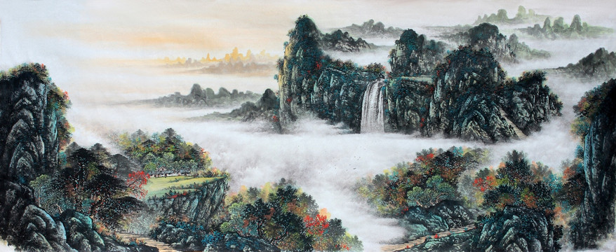 国画春景山水画