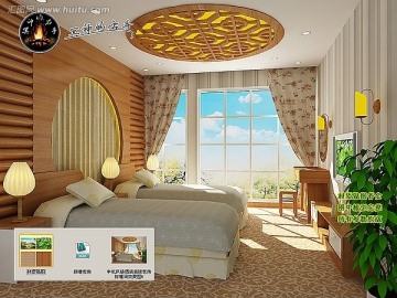 中式风格酒店宾馆客房标准间效果图