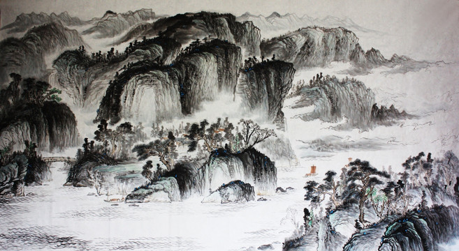 国画淡彩山水画