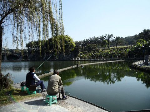 湖畔垂钓