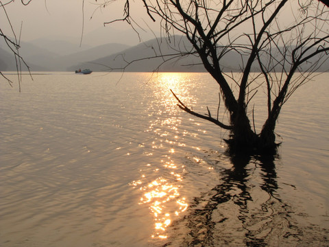 夕阳湖水