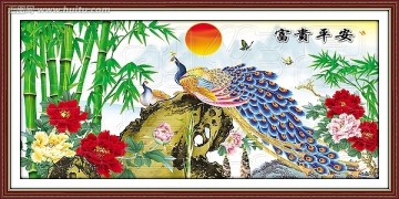 竹子 孔雀 牡丹花