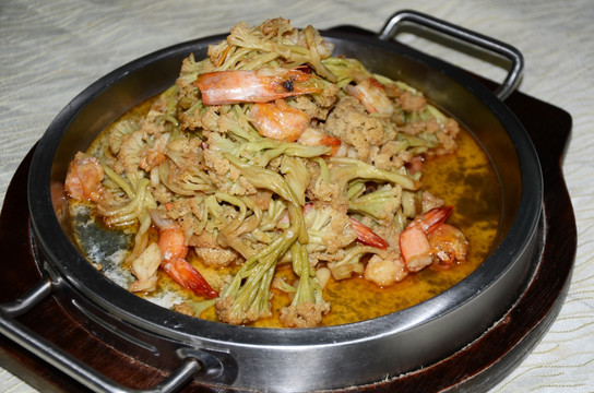石锅海铺虾花菜