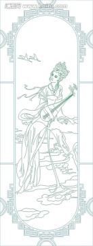 艺术玻璃雕刻图矢量图线条图 仕女图 琵琶仙子
