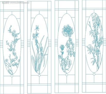 艺术玻璃线描图 梅兰竹菊屏风