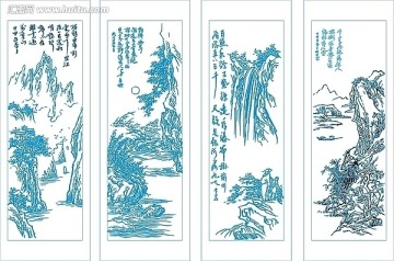艺术玻璃线描图 山水画 四连幅