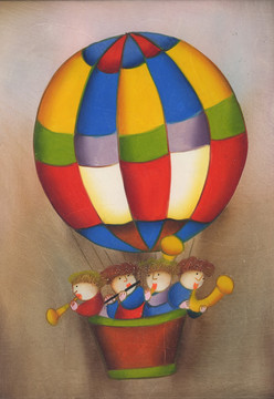 热气球 卡通画 卡通人物 儿童油画