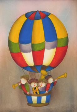 热气球 气球 儿童画 油画 卡通人物