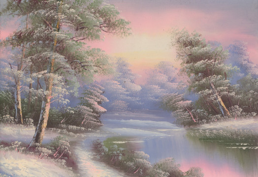 雪景 树林 日出 风景 油画 冬天 大雪