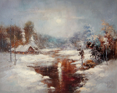 风景画 装饰画 无框画 油画 手绘画 冬天 雪景