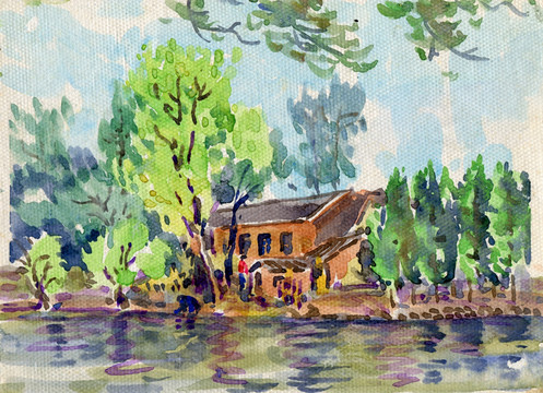 河边小屋  高清绘画