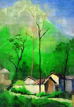 山村风景油画 房子