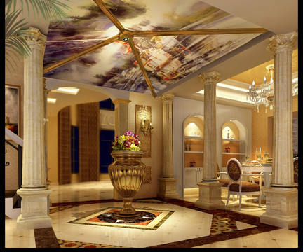 欧式豪华餐厅罗马柱壁画大厅设计
