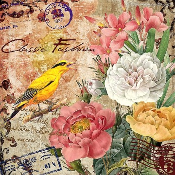 复古 装饰画 花卉 小鸟