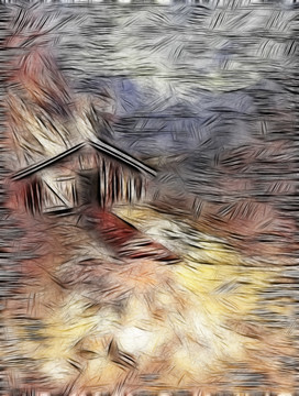 油画 树木 抽象木屋 山风景