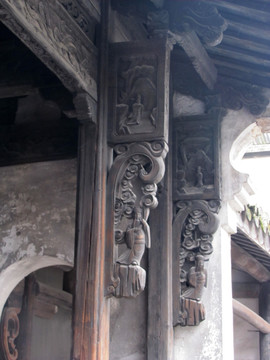 古建筑 木雕廊檐 福神财神造像