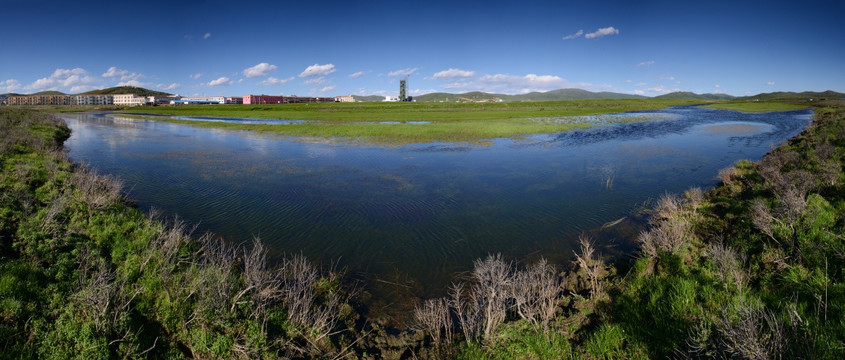 若尔盖县城边草原湿地全景图