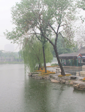 雨天北宁公园绿地湖水亭子