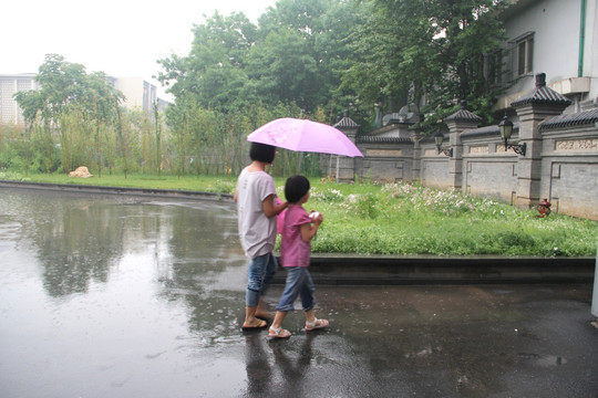 雨天北宁公园绿地树木行人