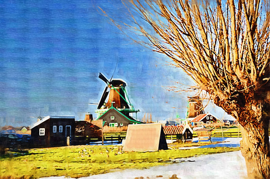 油画 荷兰 风车