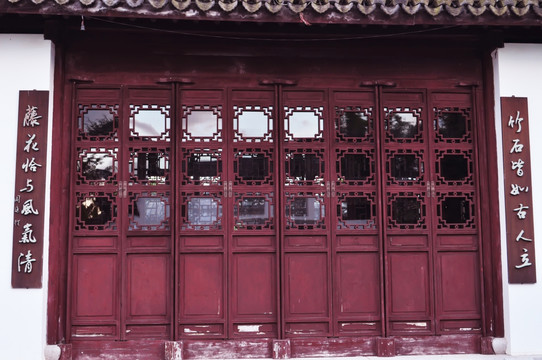中式古建筑门 红漆雕花木门