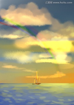 夕阳 夕阳海 水彩画