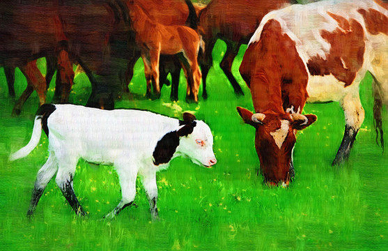 牧场牛犊 电脑油画