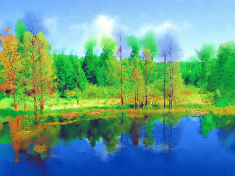 水畔树林 电脑画