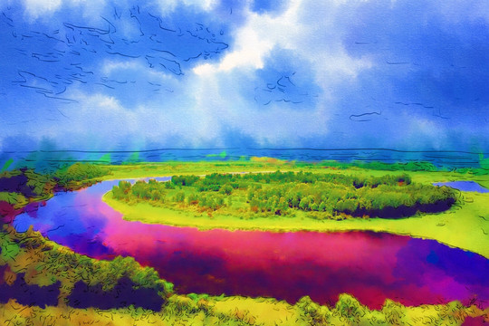 湿地湖景图 电脑水彩画