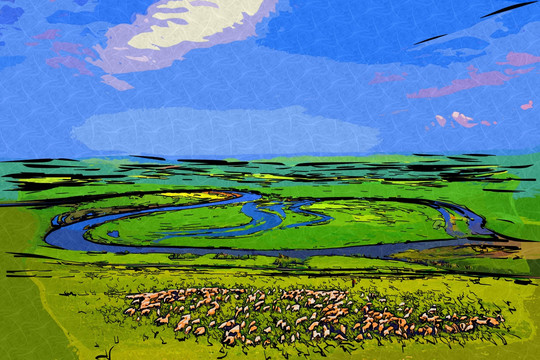 草原牧羊图 电脑抽象画