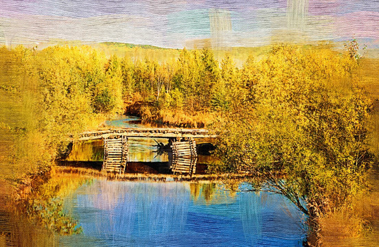 森林河景图 电脑油画