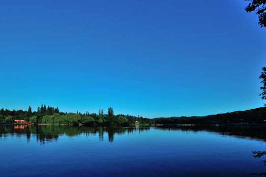 西湖 夏天 清晨 蓝天 水面