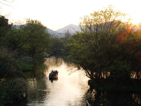 西湖 杨公堤 春季 夕阳 游船