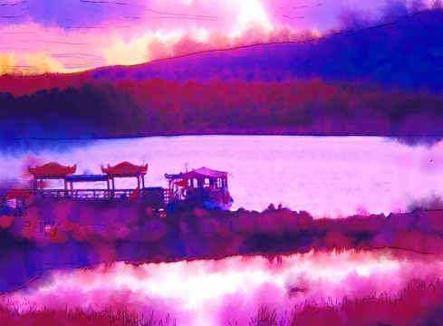 霞染湖泊 抽象电脑画