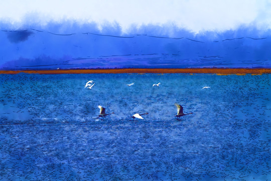 蓝色天鹅湖 电脑水彩画