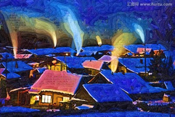 山里人家冬夜 电脑画