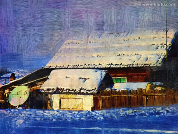 山村农家雪景 电脑油画