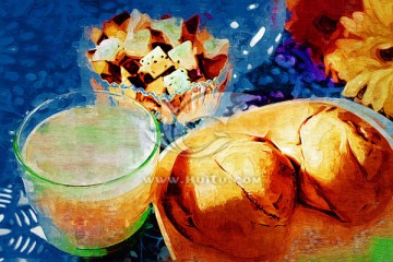 油画 装饰画 早餐 豆浆 面包