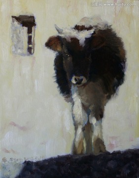 手绘油画西藏小牛