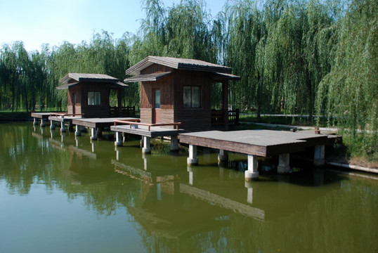 水高庄园  木屋 水面 树木