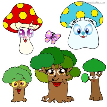 卡通蘑菇树木和蝴蝶