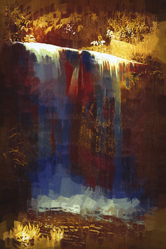 瀑布 山水风景油画