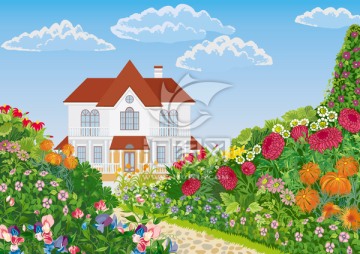 卡通美丽的风景 小屋